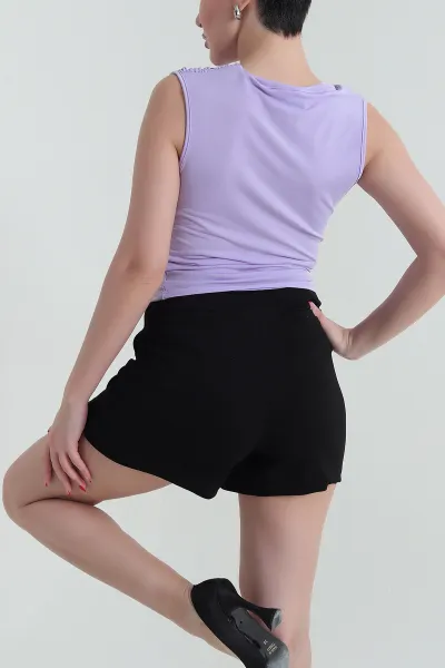 Lila Büzgülü Kolsuz Kadın Buzzy Bluz 437048