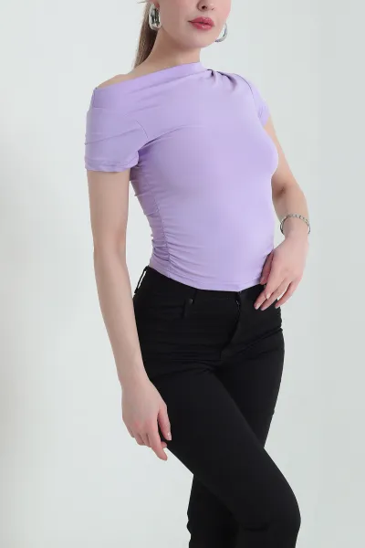 Lila Büzgülü Tasarım Scuba Kadın Bluz 432447