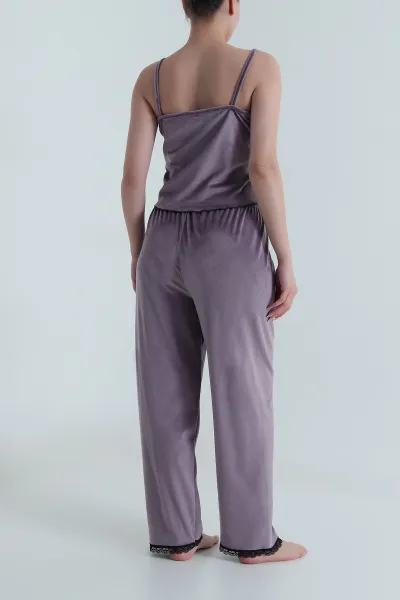 Lila Dantelli Kadife Kadın Pijama Takımı 487759