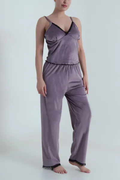 Lila Dantelli Kadife Kadın Pijama Takımı 487759