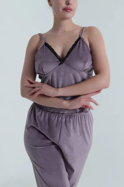 Lila Dantelli Kadife Kadın Pijama Takımı 487759