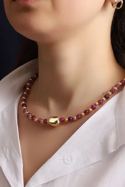 Lila Doğal Oval Taşlı Dorikalı Kolye 354576