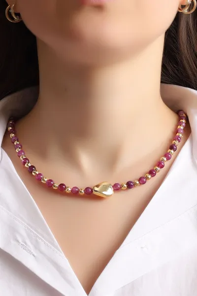 Lila Doğal Oval Taşlı Dorikalı Kolye 354576