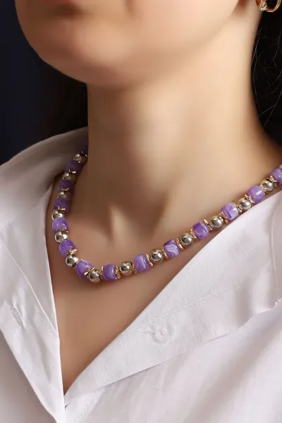 Lila Doğal Oval Taşlı Kolye 354571