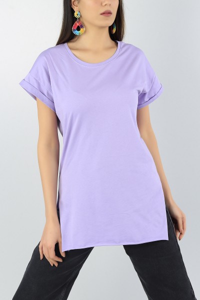Lila Duble Kol Yırtmaçlı Bayan Tişört 56898