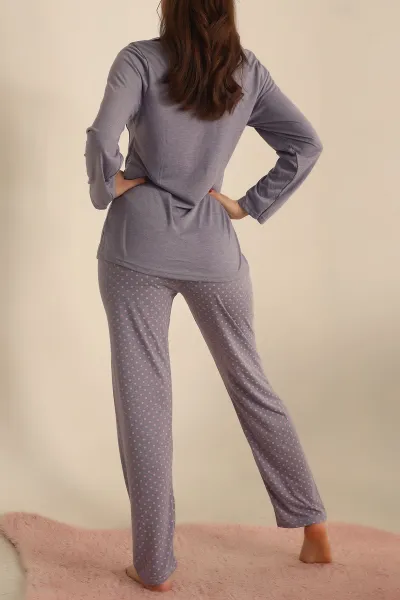 Lila Düğmeli Bayan Pijama Takımı 233333