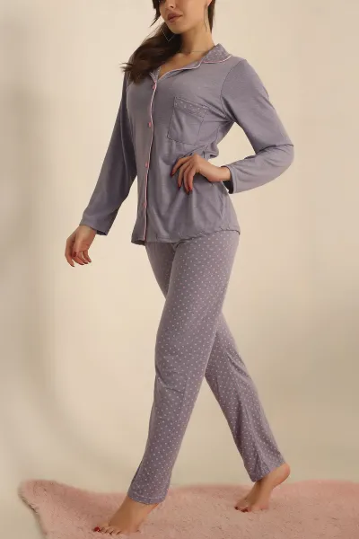 Lila Düğmeli Bayan Pijama Takımı 233333