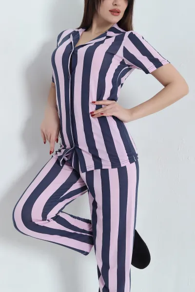 Lila Düğmeli Viskon Bayan Pijama Takımı 338280