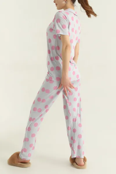 Lila Düğmeli Viskon Kadın Pijama Takımı 347356