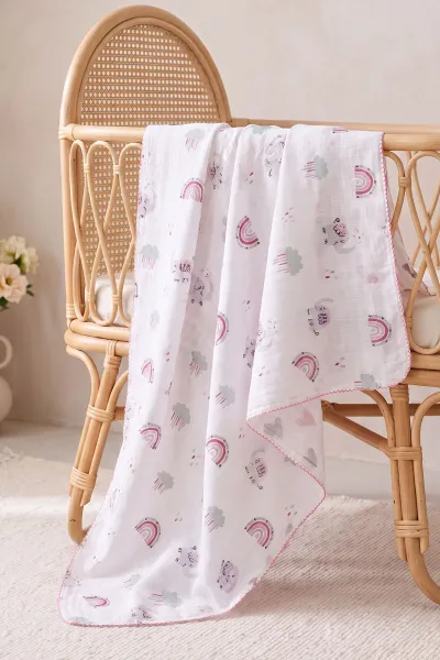 Lila Ekru (80*90 cm)   Kenarı Oyalı Tek Kat  Karışık Desen Müslin  Bebek Battaniye 477510