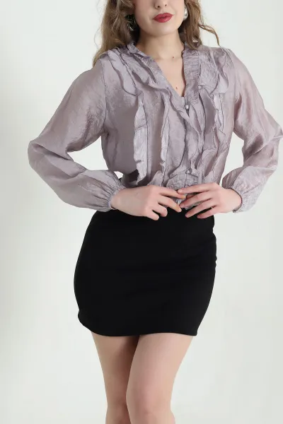 Lila Fırfırlı Tencel Kadın Gömlek 447698