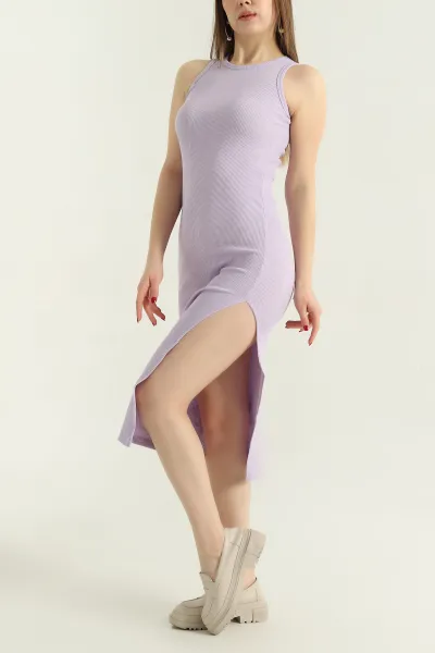 Lila Fitilli Likralı  Yırtmaçlı Kolsuz Elbise 336795