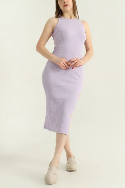 Lila Fitilli Likralı  Yırtmaçlı Kolsuz Elbise 336795