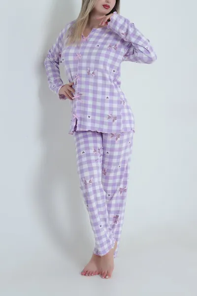 Lila Fiyonklu Soft Süet Kadın Pijama Takımı 488907