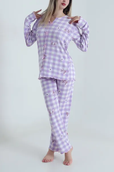Lila Fiyonklu Soft Süet Kadın Pijama Takımı 488907