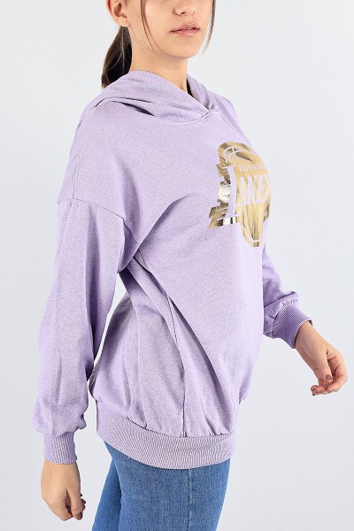 Lila Kapüşonlu Şardonlu Bayan Sweat 88356
