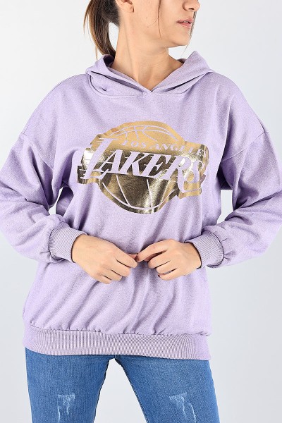 Lila Kapüşonlu Şardonlu Bayan Sweat 88356