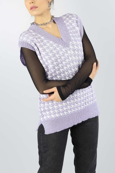 Lila Kazayağı Desenli Bayan Triko Süveter 54508