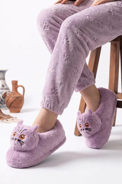 Lila Kedi Figürlü Peluş Kadın Panduf 490434