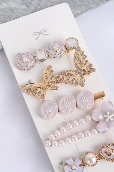 Lila Kelebek Model İncili 5'li Klips Pens Toka Seti 317589