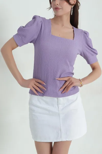 Lila Krinkıl Kare Yaka Kadın Bluz 375228