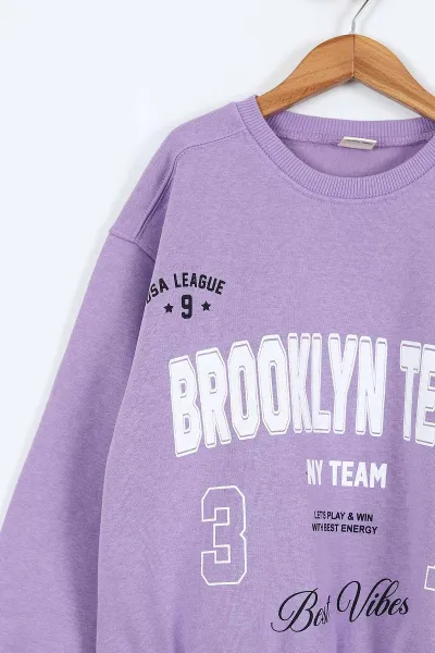 Lila Lacivert (9-12 Yaş) Brooklyn Team Baskılı Belden Lastikli 3 İp Şardonlu Kız Çocuk Kışlık Takım 405088