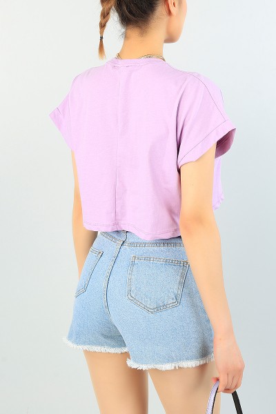 Lila Likralı Crop Bayan Tişört 65292