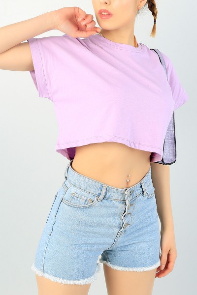 Lila Likralı Crop Bayan Tişört 65292