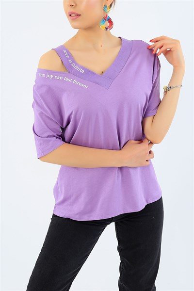 Lila Love Baskı Omuzu Açık Bayan Tişört 32306