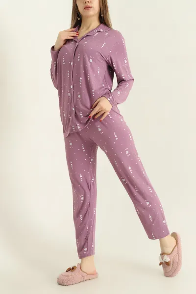 Lila Milan Düğmeli Bayan Pijama Takımı 329615