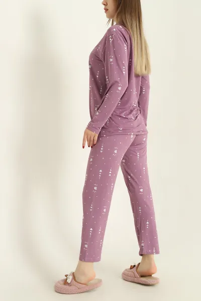 Lila Milan Düğmeli Bayan Pijama Takımı 329615