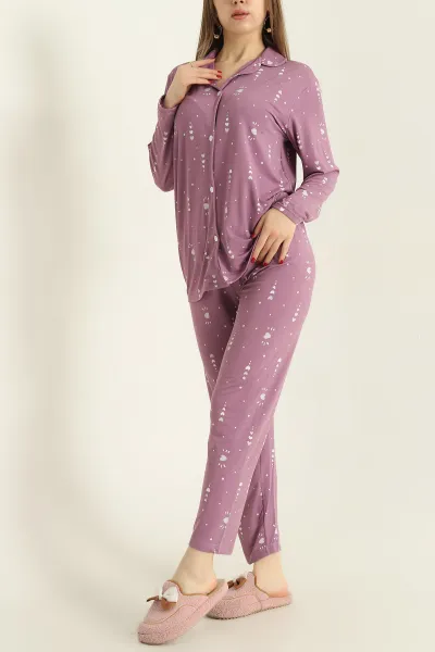 Lila Milan Düğmeli Bayan Pijama Takımı 329615