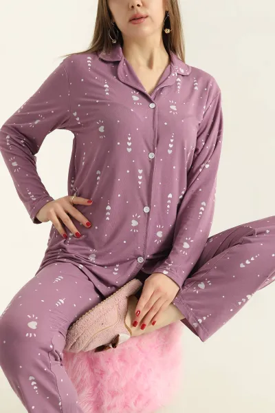 Lila Milan Düğmeli Bayan Pijama Takımı 329615