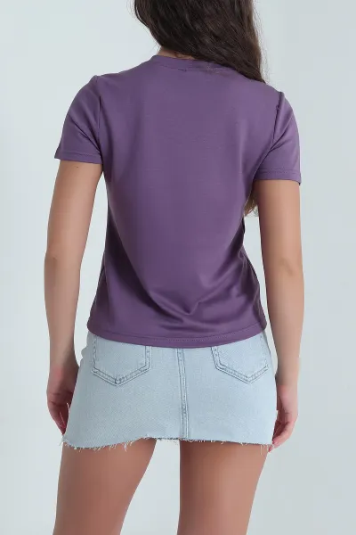 Lila Modal Nakış Detay Kadın Tişört 478337