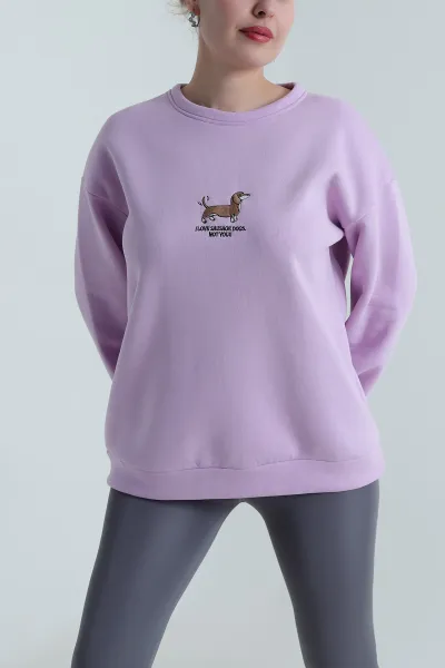 Lila Nakışlı Şardonlu Kadın Fermuarsız Sweat 498274