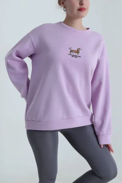 Lila Nakışlı Şardonlu Kadın Fermuarsız Sweat 498274