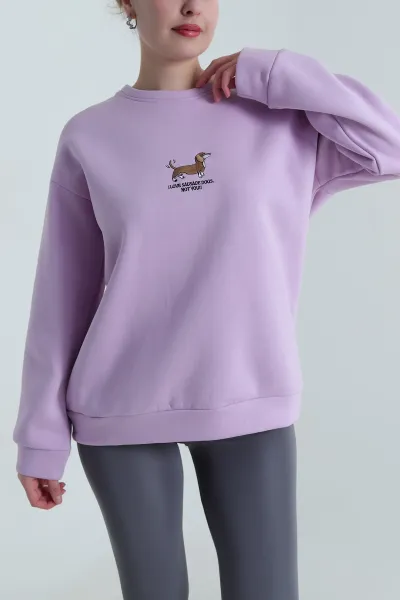 Lila Nakışlı Şardonlu Kadın Fermuarsız Sweat 498274