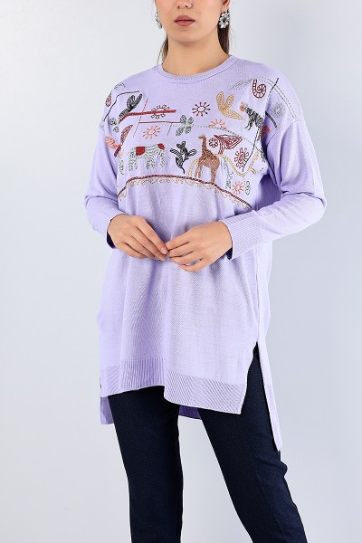 Lila Nakışlı Triko Kazak Tunik 78871