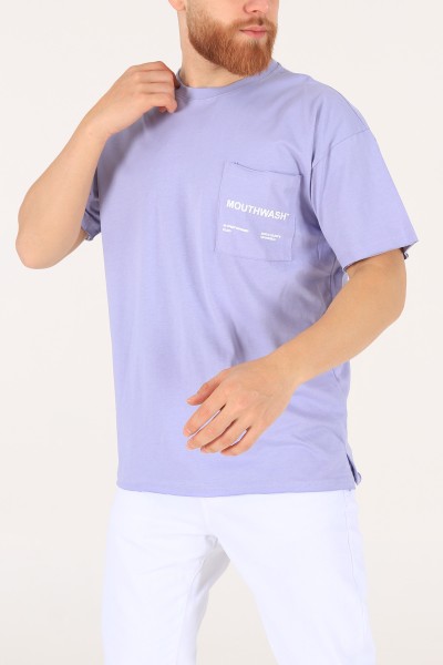 Lila Oversize Cep Detay Baskılı Tişört 171976