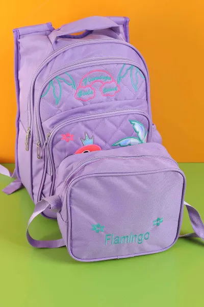 Lila Peluş Flamingo Kabartma Desenli Beslenme Çantalı İkili Sırt Çantası Seti 288993