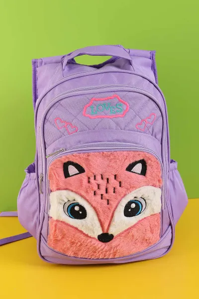 Lila Peluş Kabartma Desenli Beslenme Çantalı İkili Sırt Çantası Seti 289286