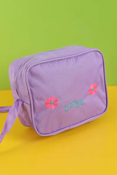 Lila Peluş Kabartma Desenli Beslenme Çantalı İkili Sırt Çantası Seti 289286