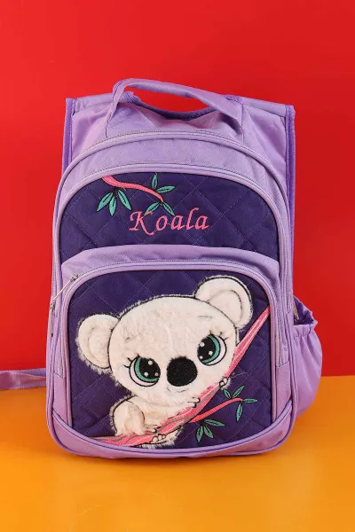 Lila Peluş Kabartma Desenli Beslenme Çantalı İkili Sırt Çantası Seti 289571