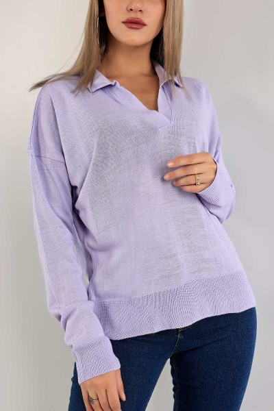 Lila Polo Yaka Bayan Triko Kazak 137667