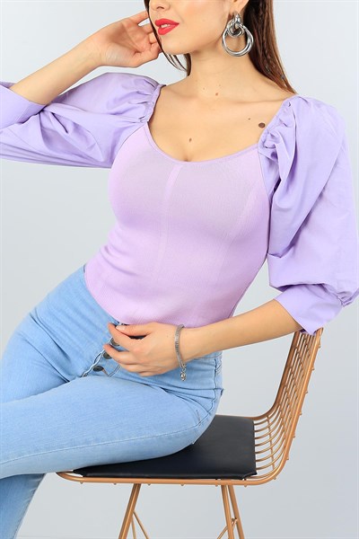 Lila Poplin Balon Kol Triko Kazak 40518
