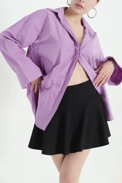 Lila Poplin Kumaş Gizli Pat Kadın Gömlek 373061