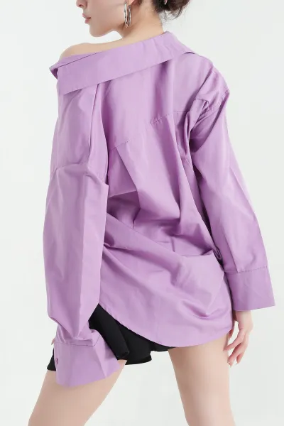 Lila Poplin Kumaş Gizli Pat Kadın Gömlek 373061