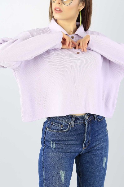 Lila Salaş Kesim Bayan Crop Triko Kazak 53497