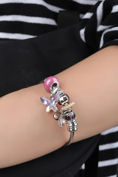 Lila Taşlı Kelebek Detaylı Çelik Pandora Bileklik 318419