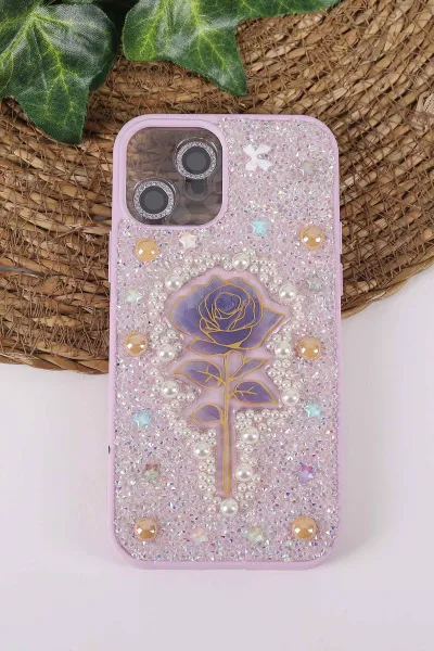 Lila TeknoCase İPhone 12 Uyumlu Afra Diamond Case Serisi Lens Hediyeli Premium Sert Silikon Telefon Kılıfı 430500